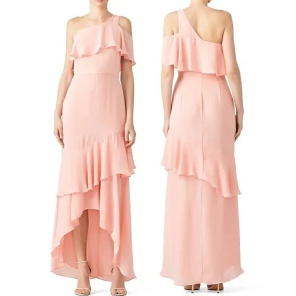 Parker Pink Sharon One Shoulder Chiffon Asymmetrical Hem Evening Gown Size 2